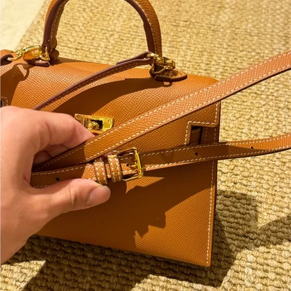 Caramel brown Leather Mini Kelly Style Handbag - Picture 9 of 9